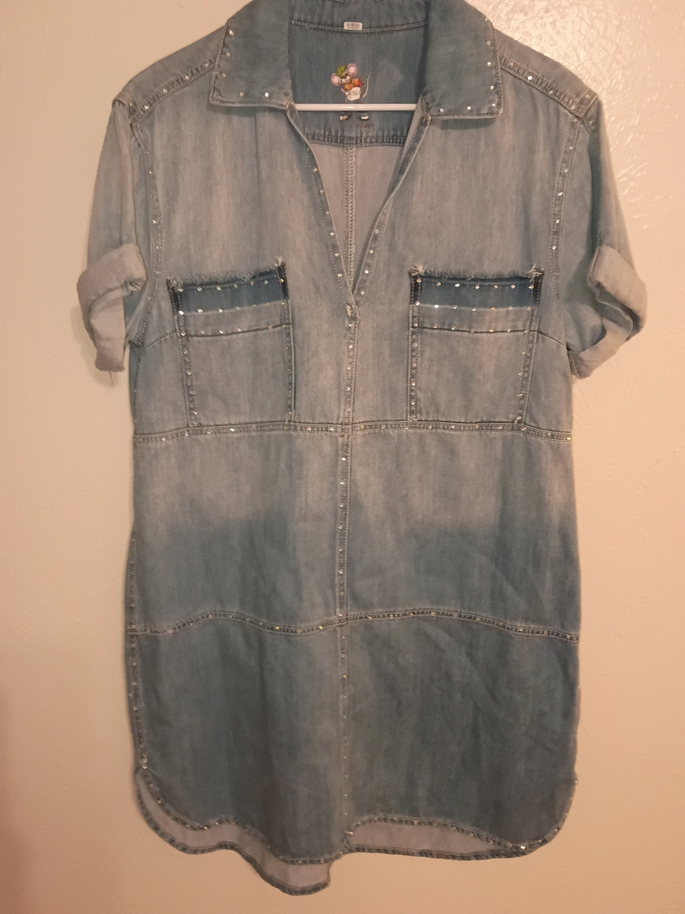 Women’s Light Blue Denim Midi Dress with Stud Trim